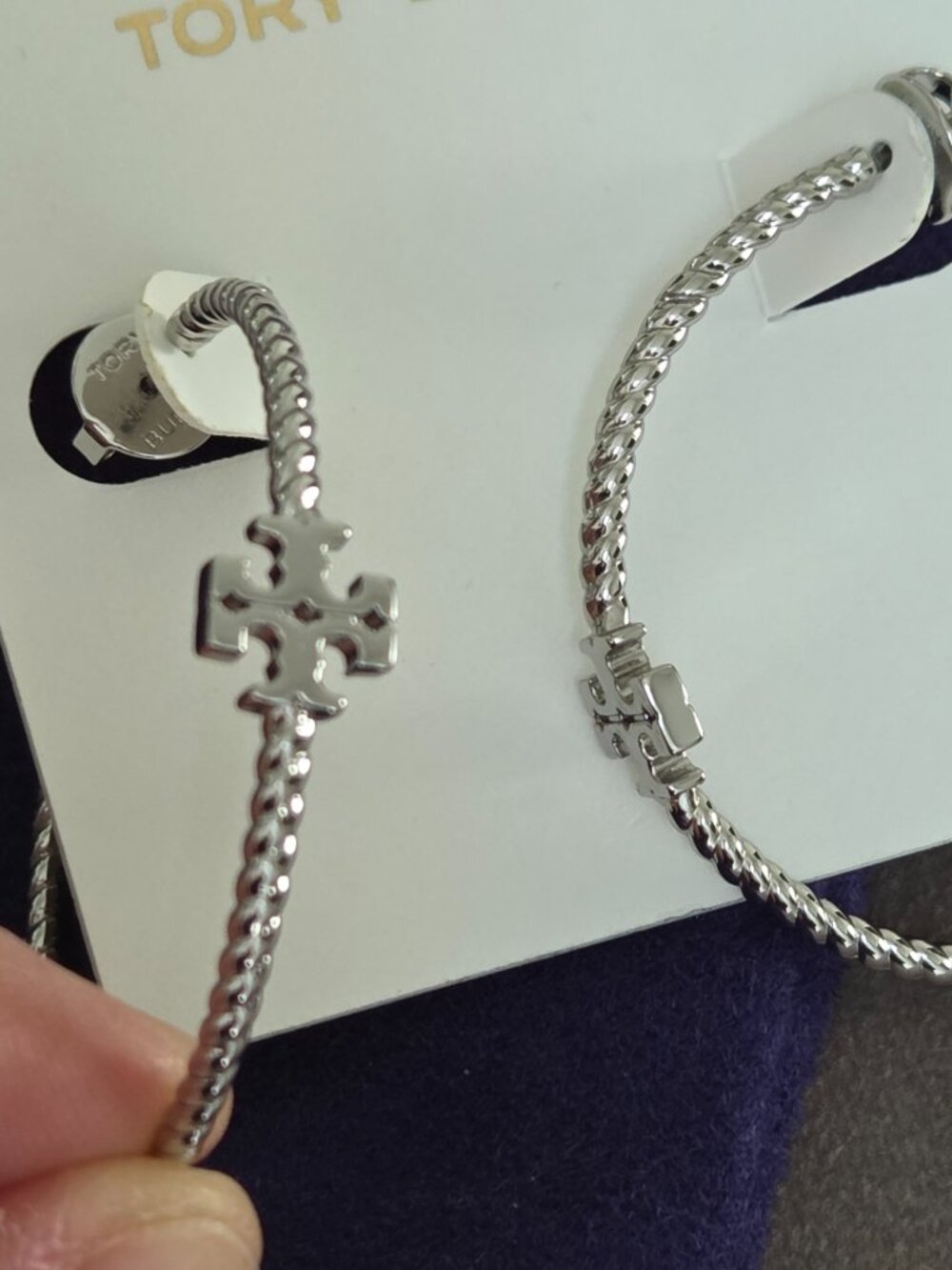 NEW silver color nickel free Tory Burch textured rope logo hoop earrings